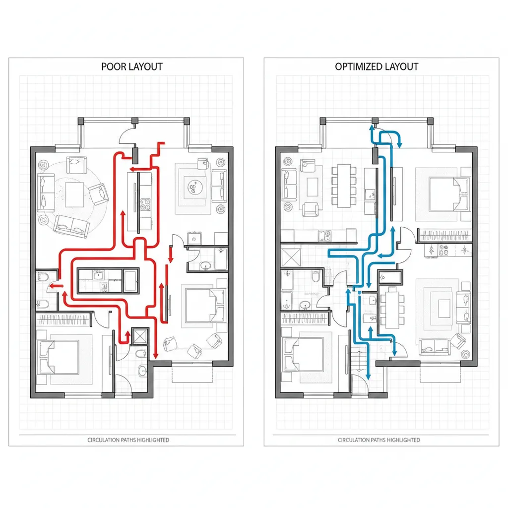 Comparación de distribución correcta e incorrecta en plano de vivienda