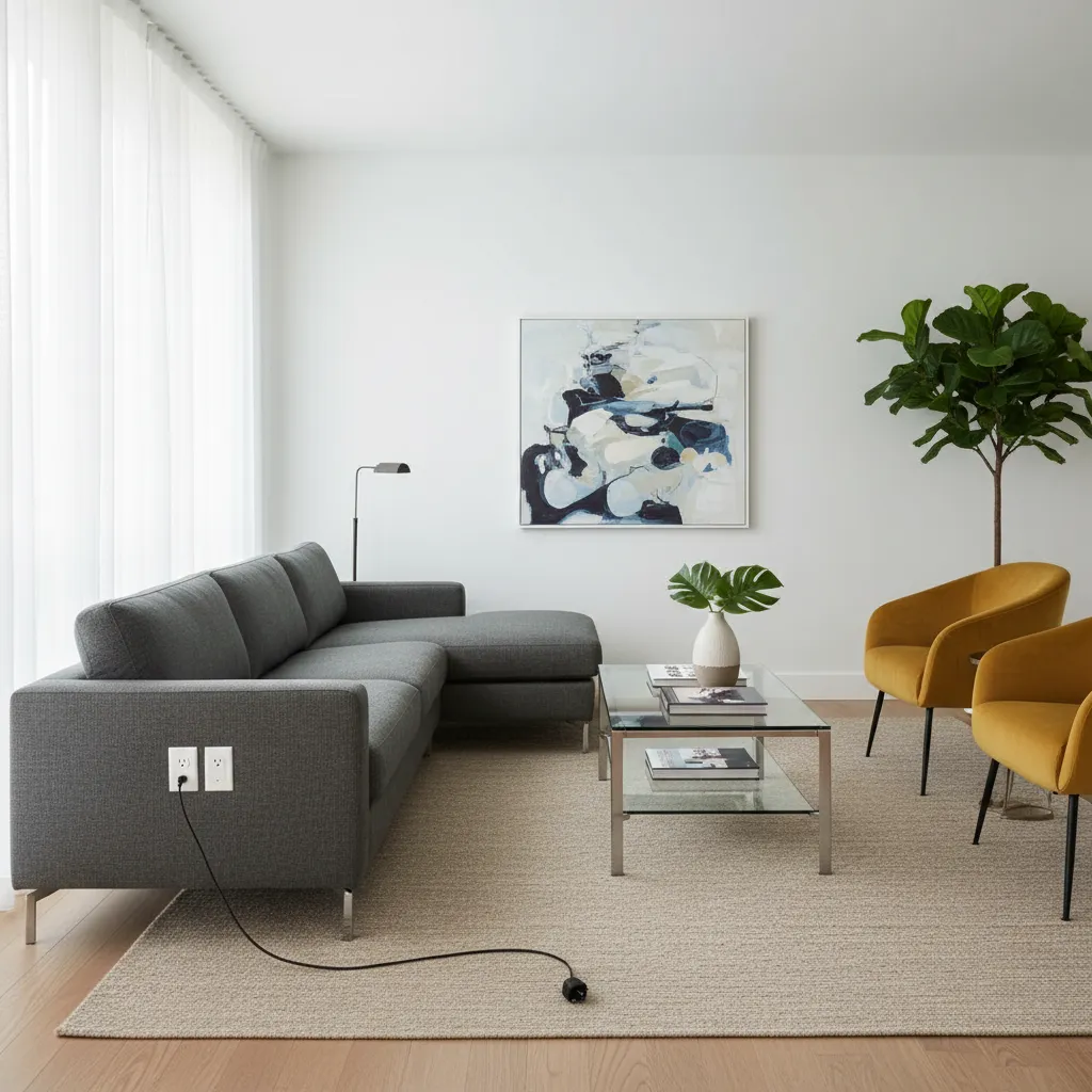 Enchufe mal ubicado detrás de un mueble en una sala de estar