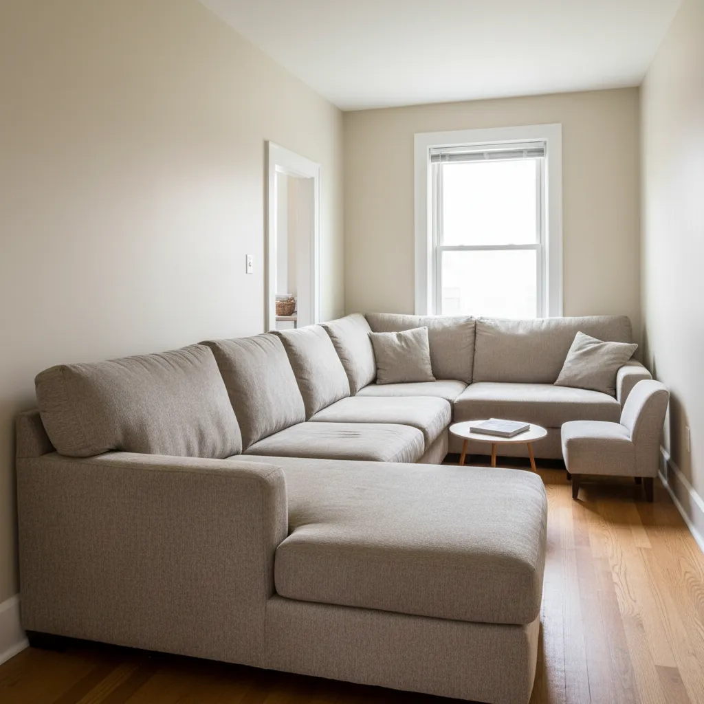 Sala pequeña con sofá demasiado grande mostrando error de escala en diseño interior