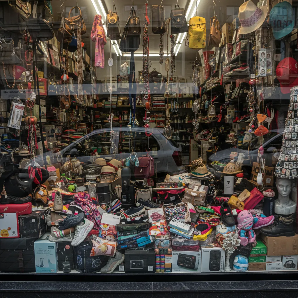 Cluttered shop window filled with many hanging bags, jewelry, shoes, boxes, and various small items