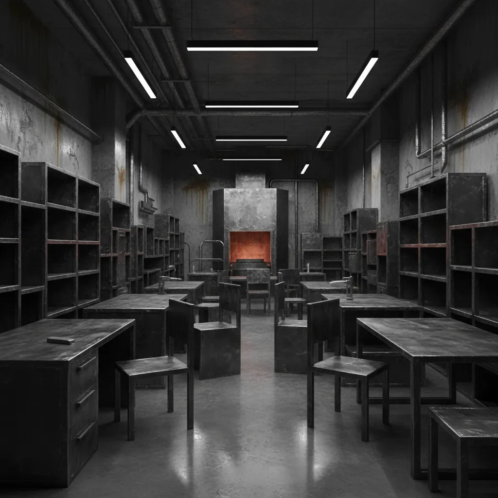 Interior industrial oscuro con exceso de metal y poca iluminación