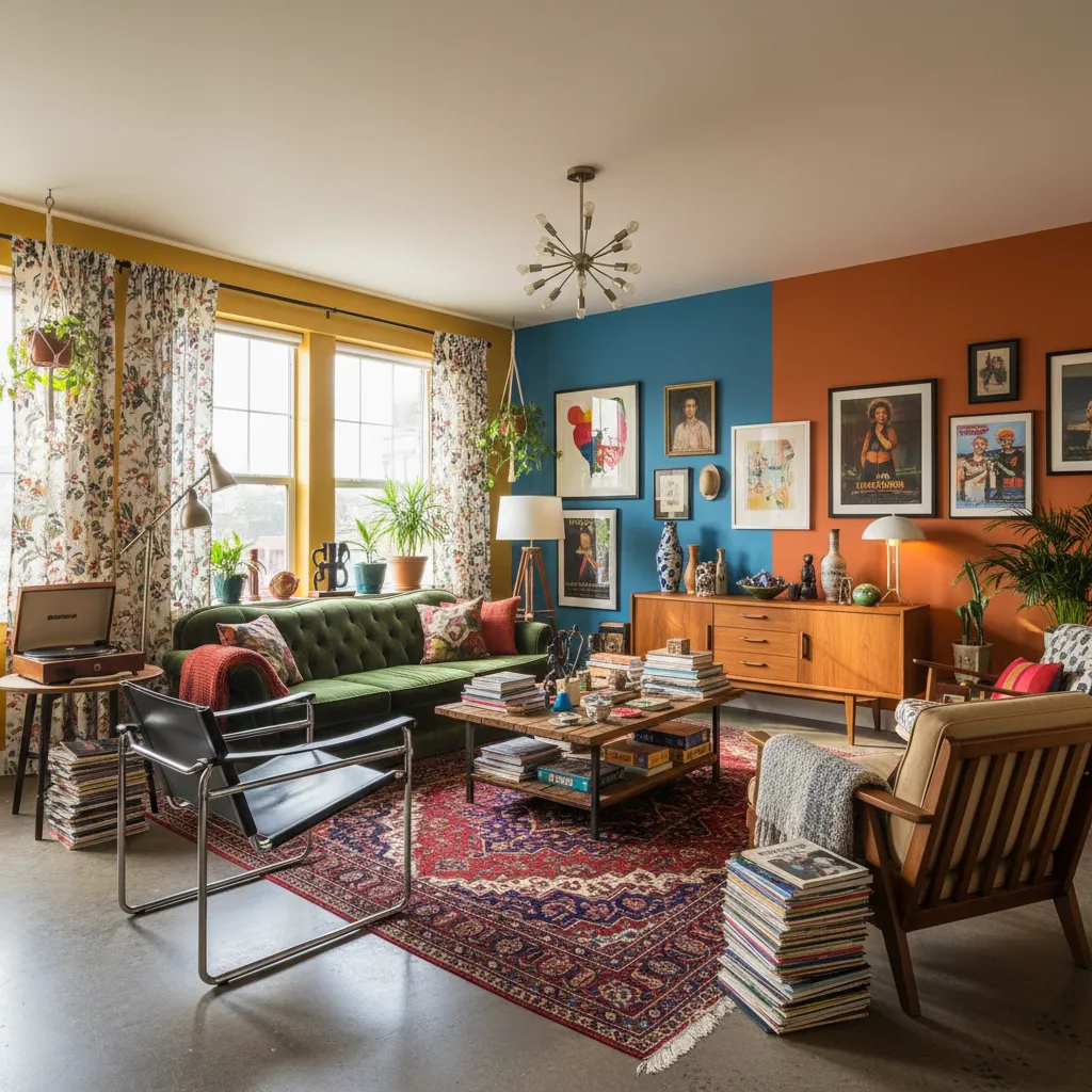 Bright living room with green sofa, wooden cabinet, gallery wall, ceiling light, and red rug