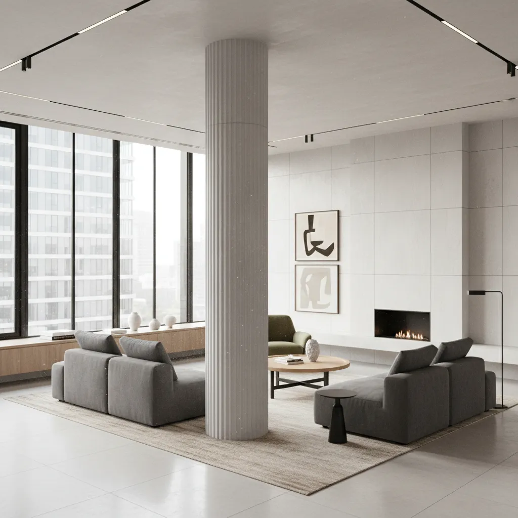 Ejemplo de columna estructural en medio de una sala