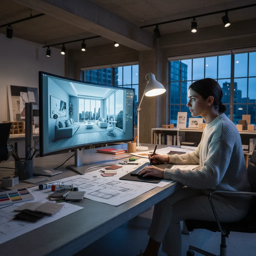 Estudiante revisando un proyecto de interiorismo en ordenador con modelo 3D
