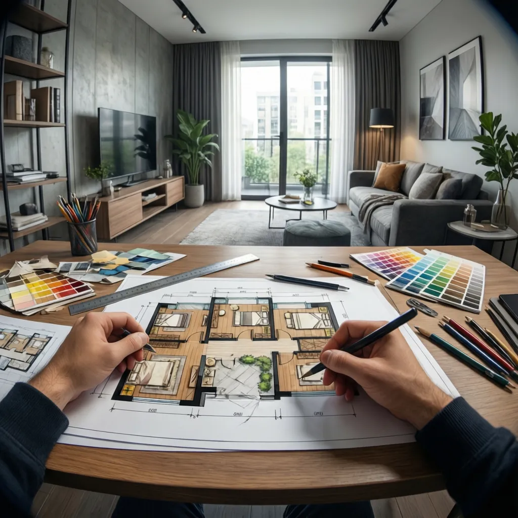 Estudiante revisando planos de distribución en diseño de interiores