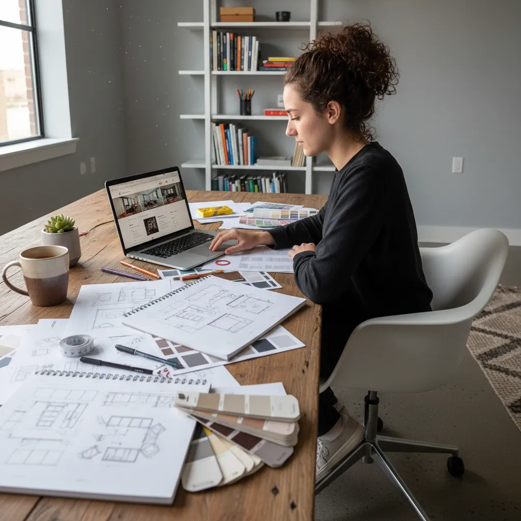 Estudiante revisando diferentes escuelas de diseño en laptop