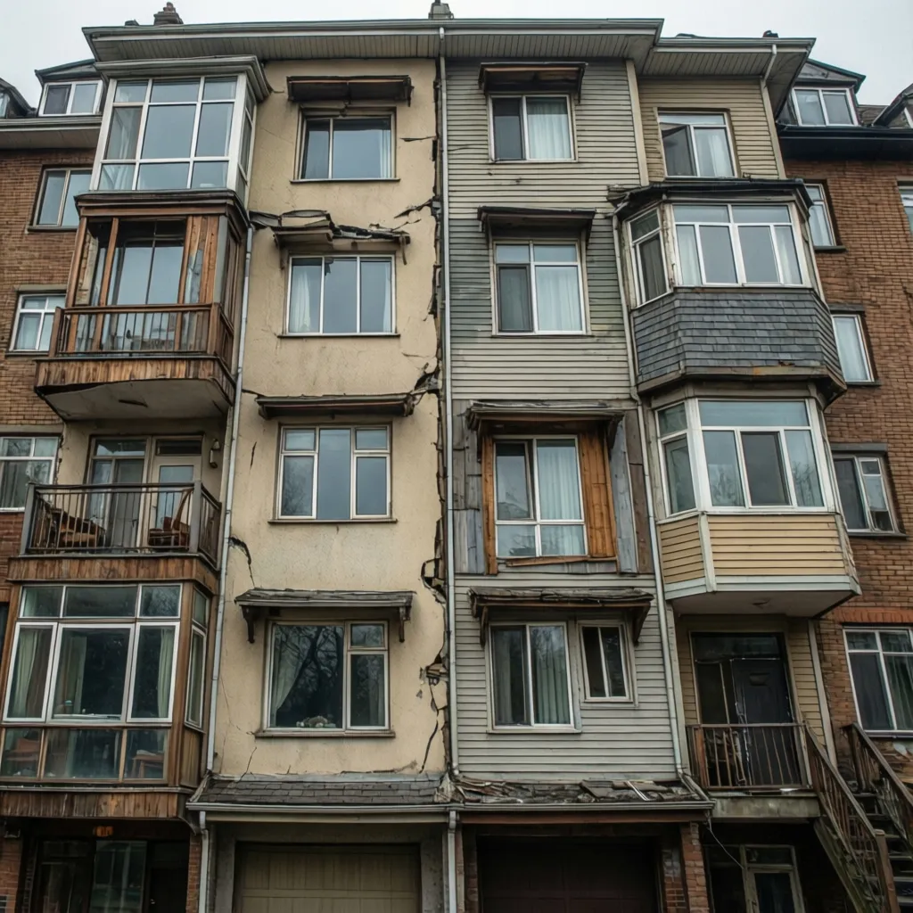 Fachada residencial con composición desordenada de ventanas