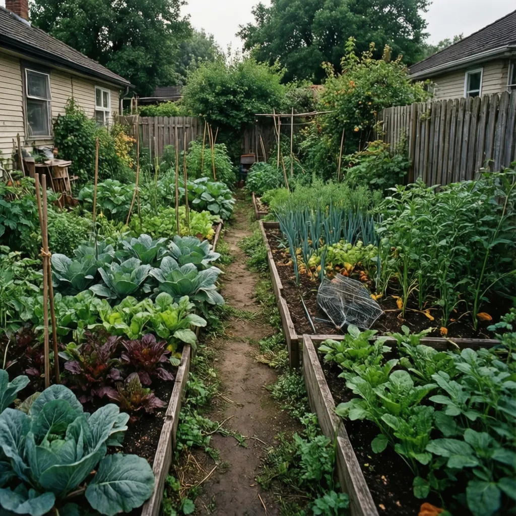 Huerto doméstico mal organizado con caminos incómodos