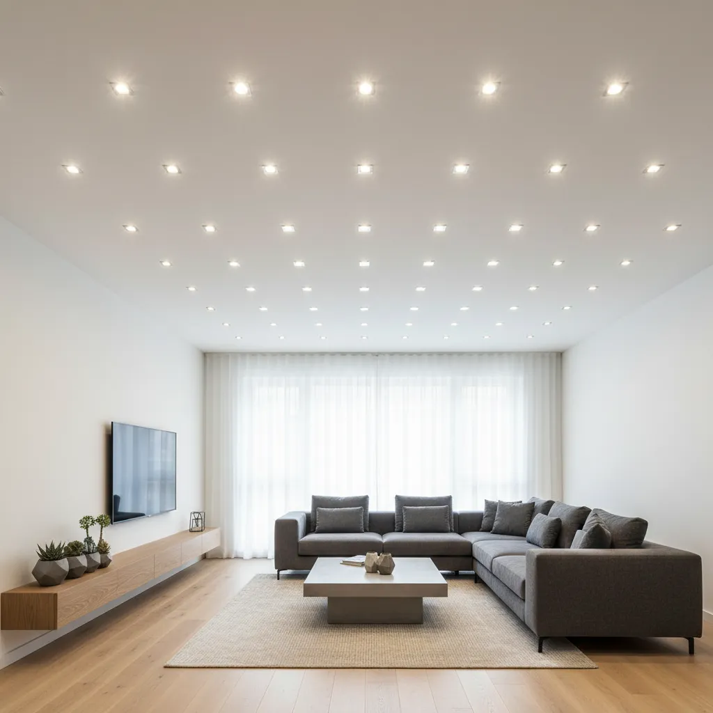 Techo con demasiados focos empotrados creando iluminación plana