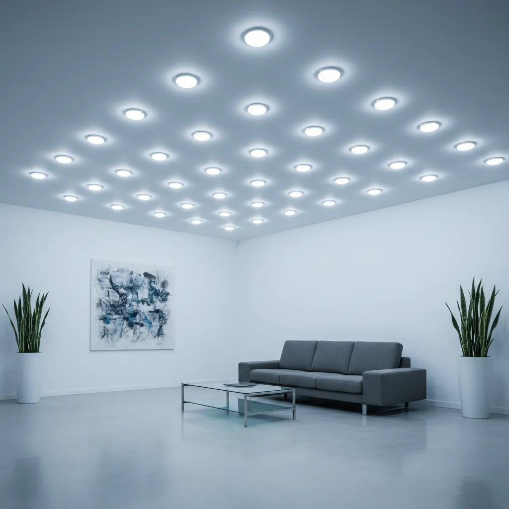 Techo con demasiados focos empotrados generando iluminación fría