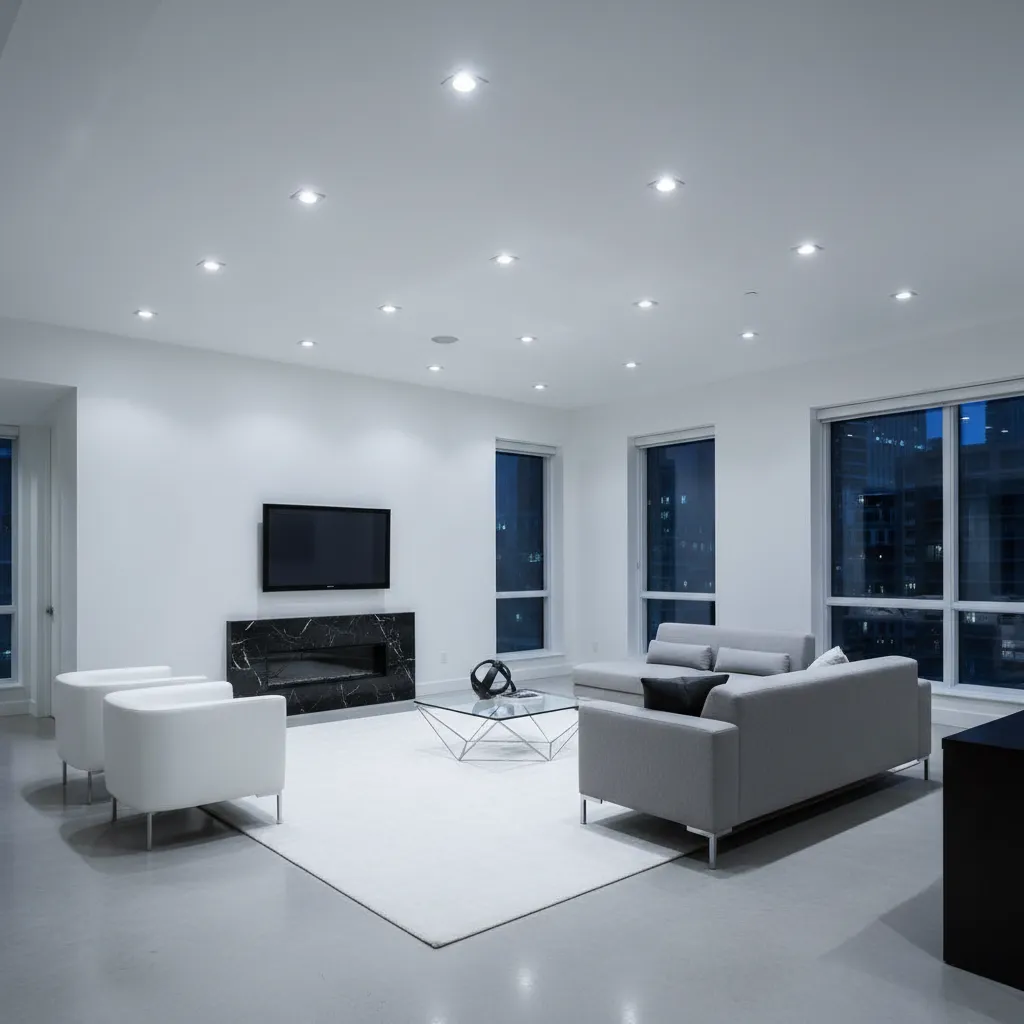 Techo con demasiados focos empotrados produciendo iluminación dura