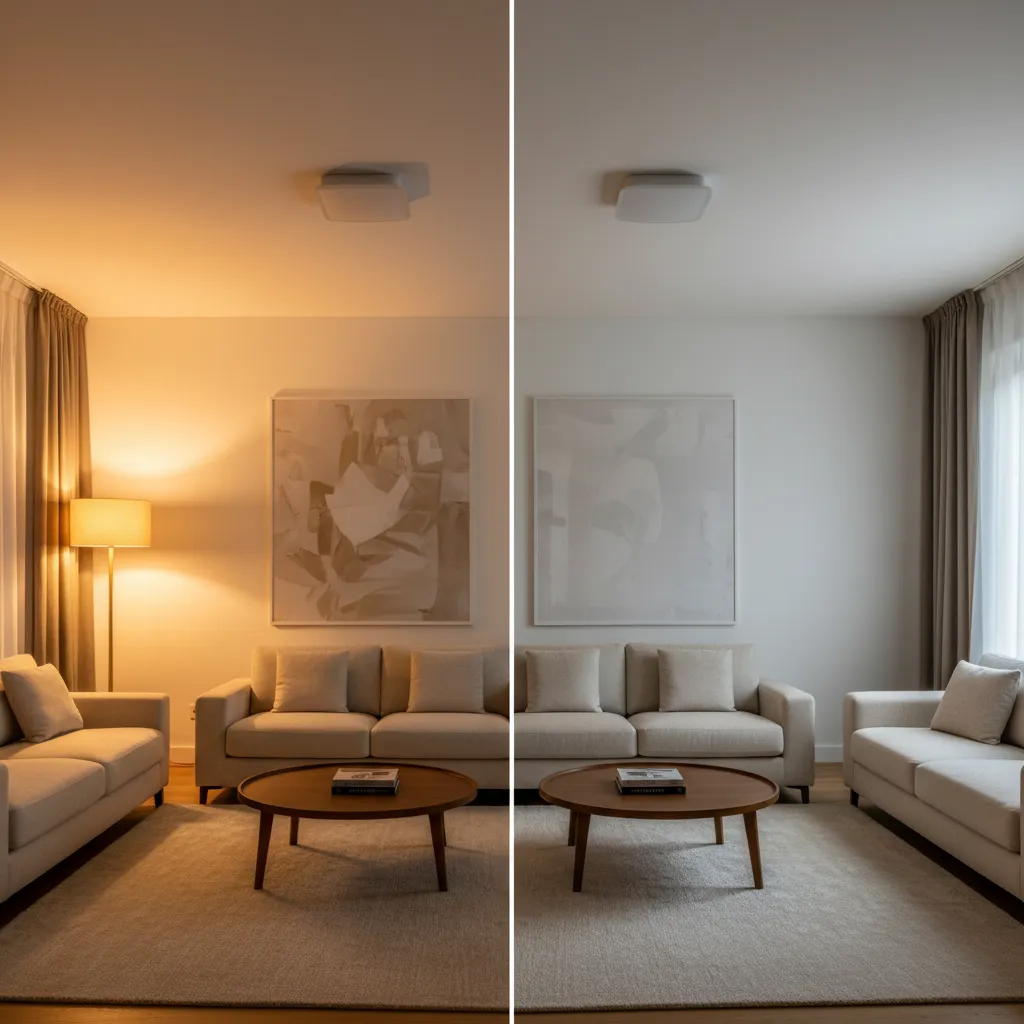 Comparación de iluminación incorrecta y correcta en un salón