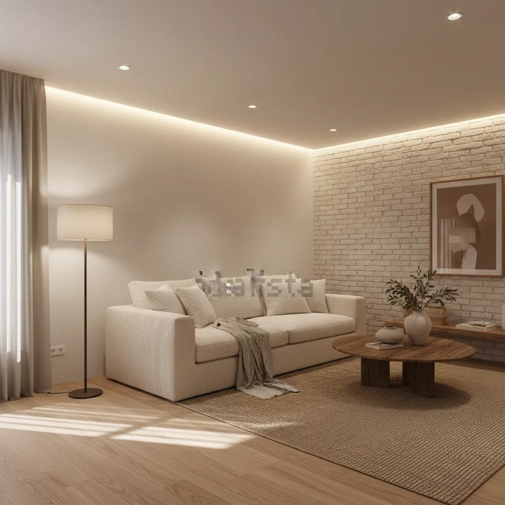 Living room with beige sofa white brick wall floor lamp wooden coffee table and lighting