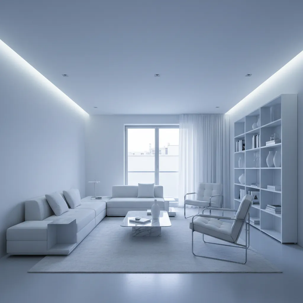 Interior demasiado blanco con iluminación fría mostrando un error de diseño