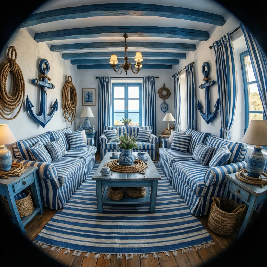 Salón costero con decoración excesiva de estilo náutico
