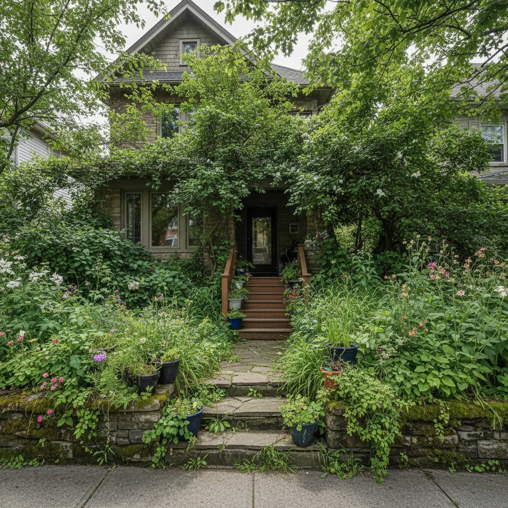 Jardín frontal con exceso de plantas que ocultan la fachada