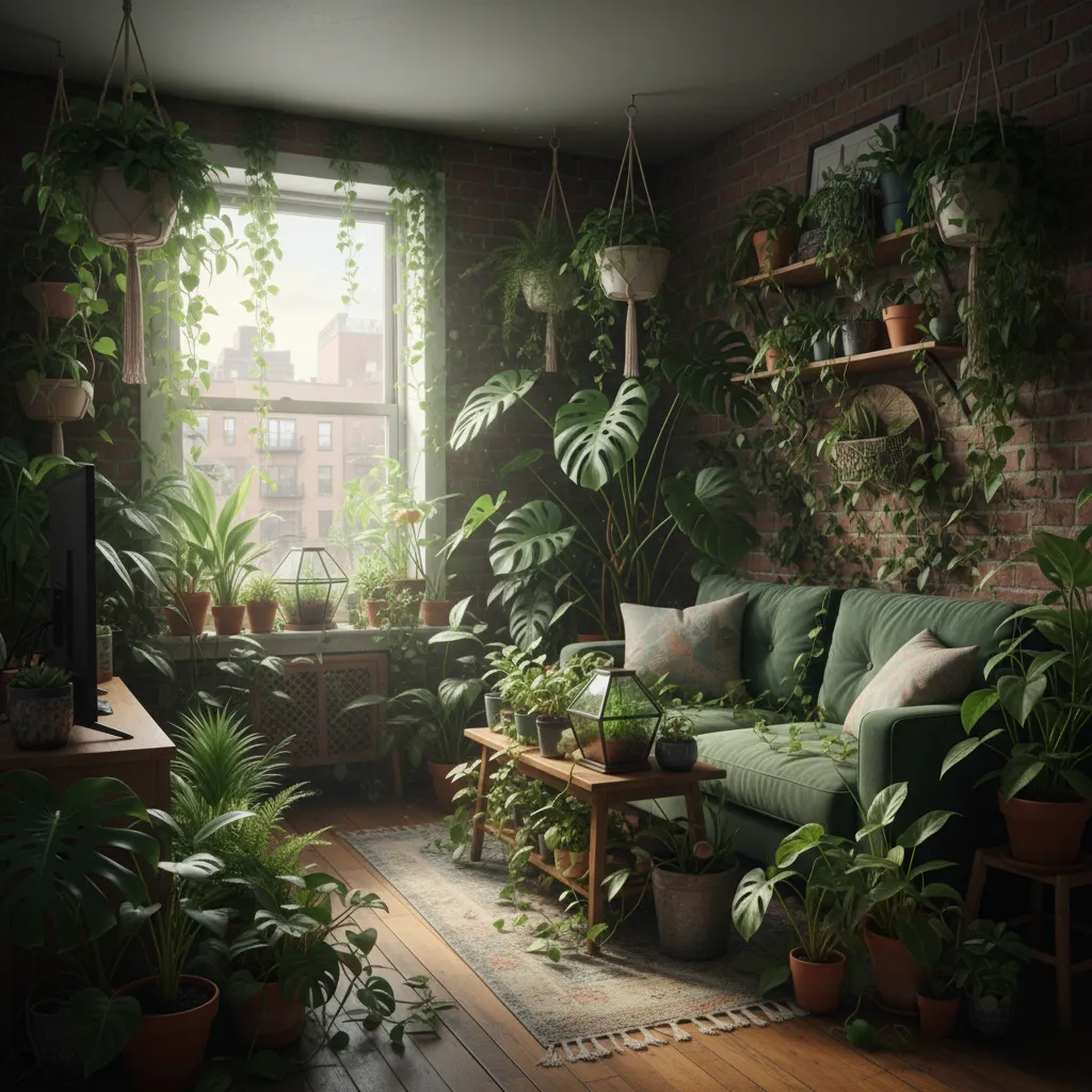 Jardín interior con exceso de plantas en un espacio pequeño