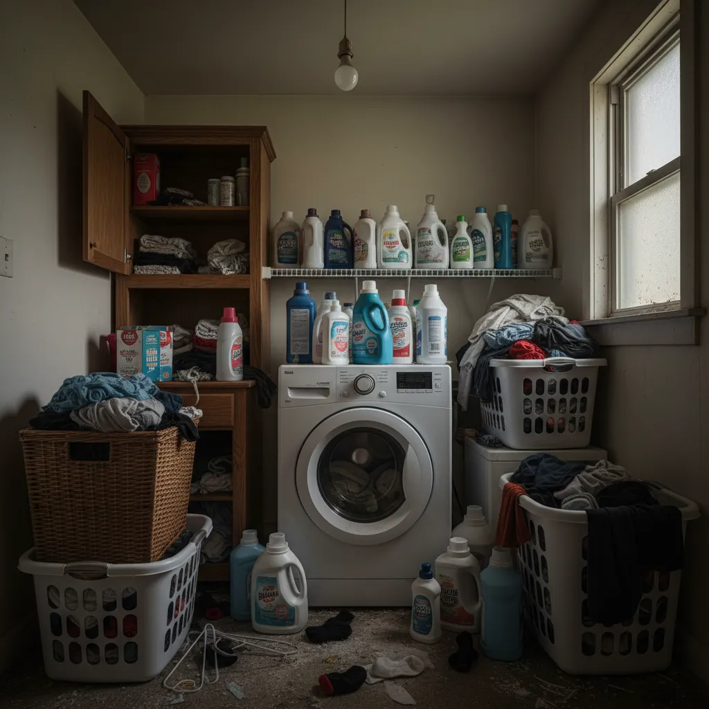 Lavadero desorganizado con poco almacenamiento