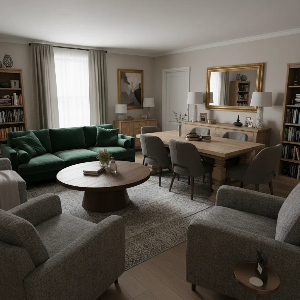 Traditional living and dining room with green sofa wooden coffee table and grey dining chairs