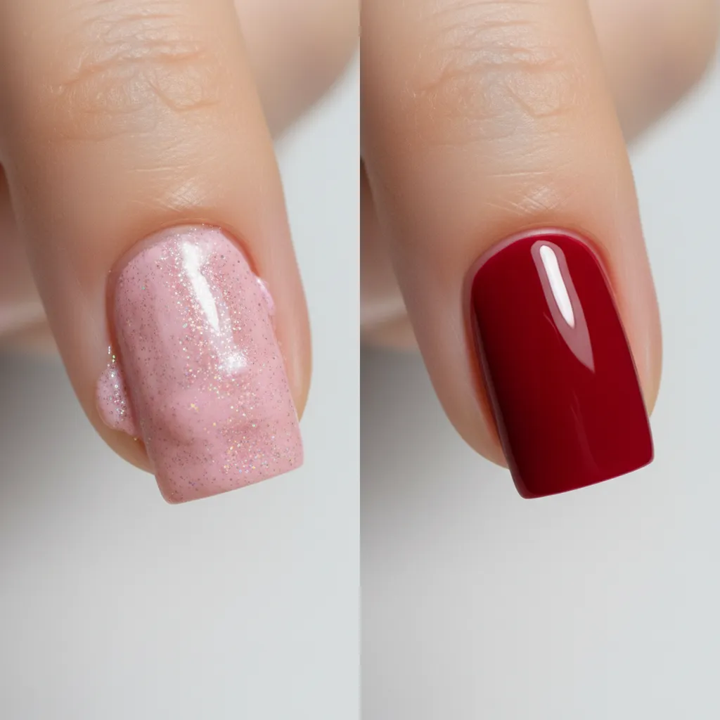 Comparación visual entre manicura con capas gruesas y capas finas