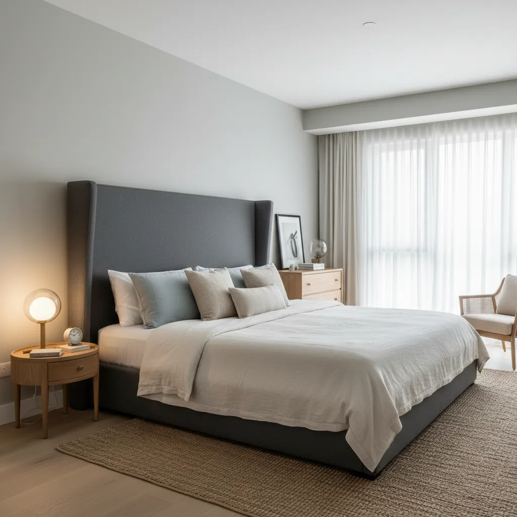 Dormitorio con mesa de luz demasiado pequeña junto a cama grande