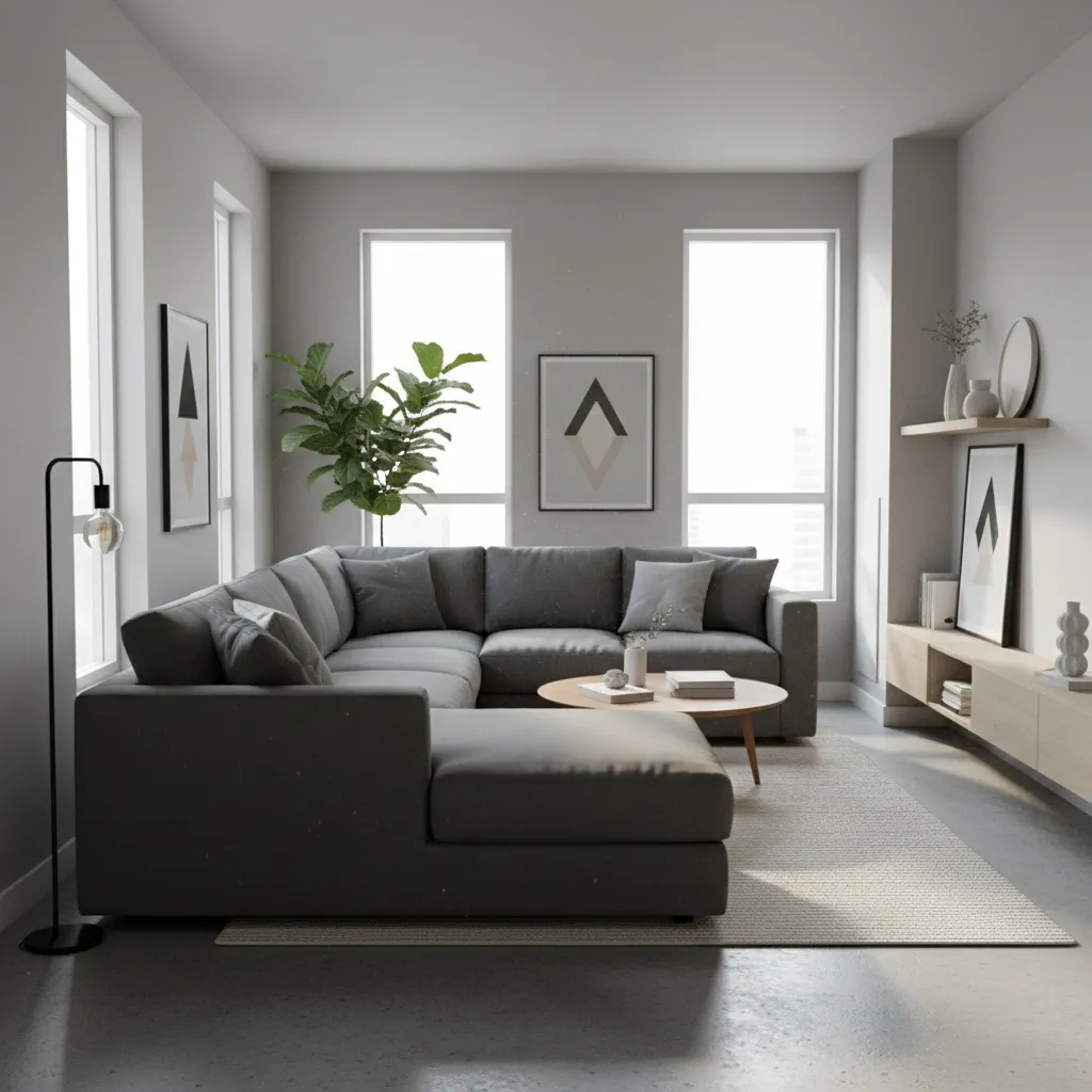 Modern grey living room with large corner sofa, wooden coffee table, wall art, and windows