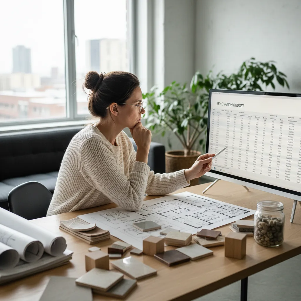 Diseñador revisando presupuesto y planos con gesto preocupado