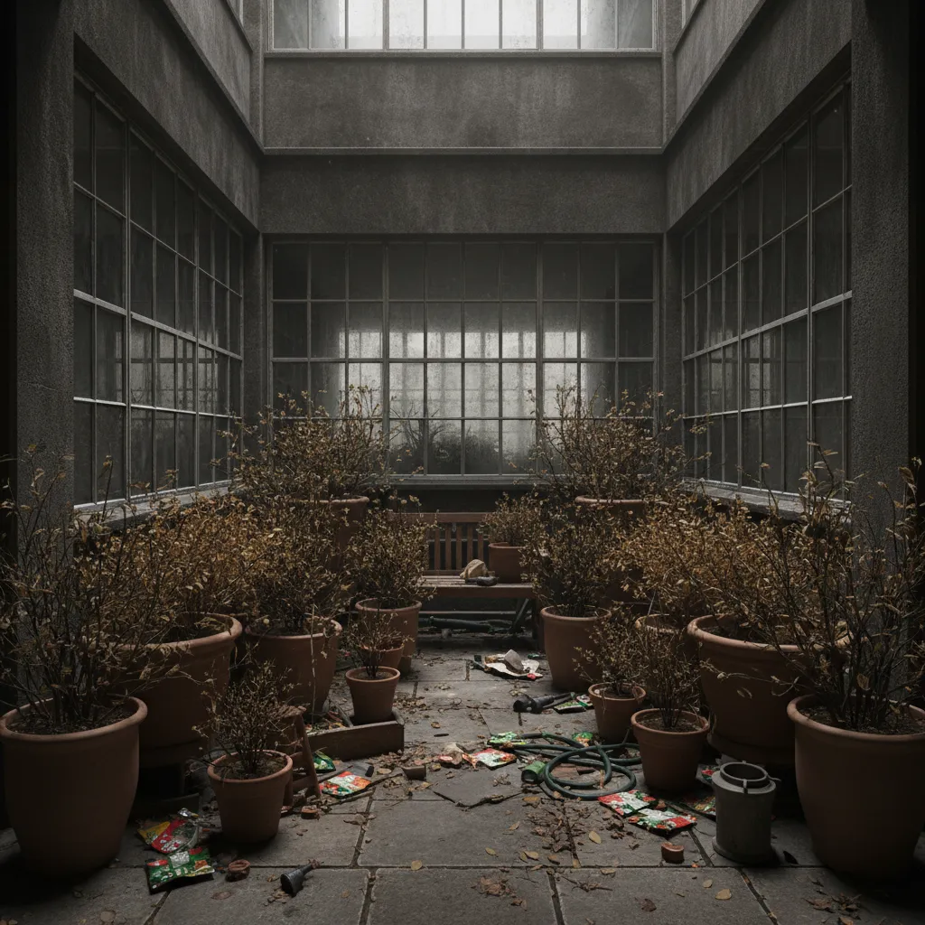 Patio interior desordenado con demasiadas macetas grandes y poca luz