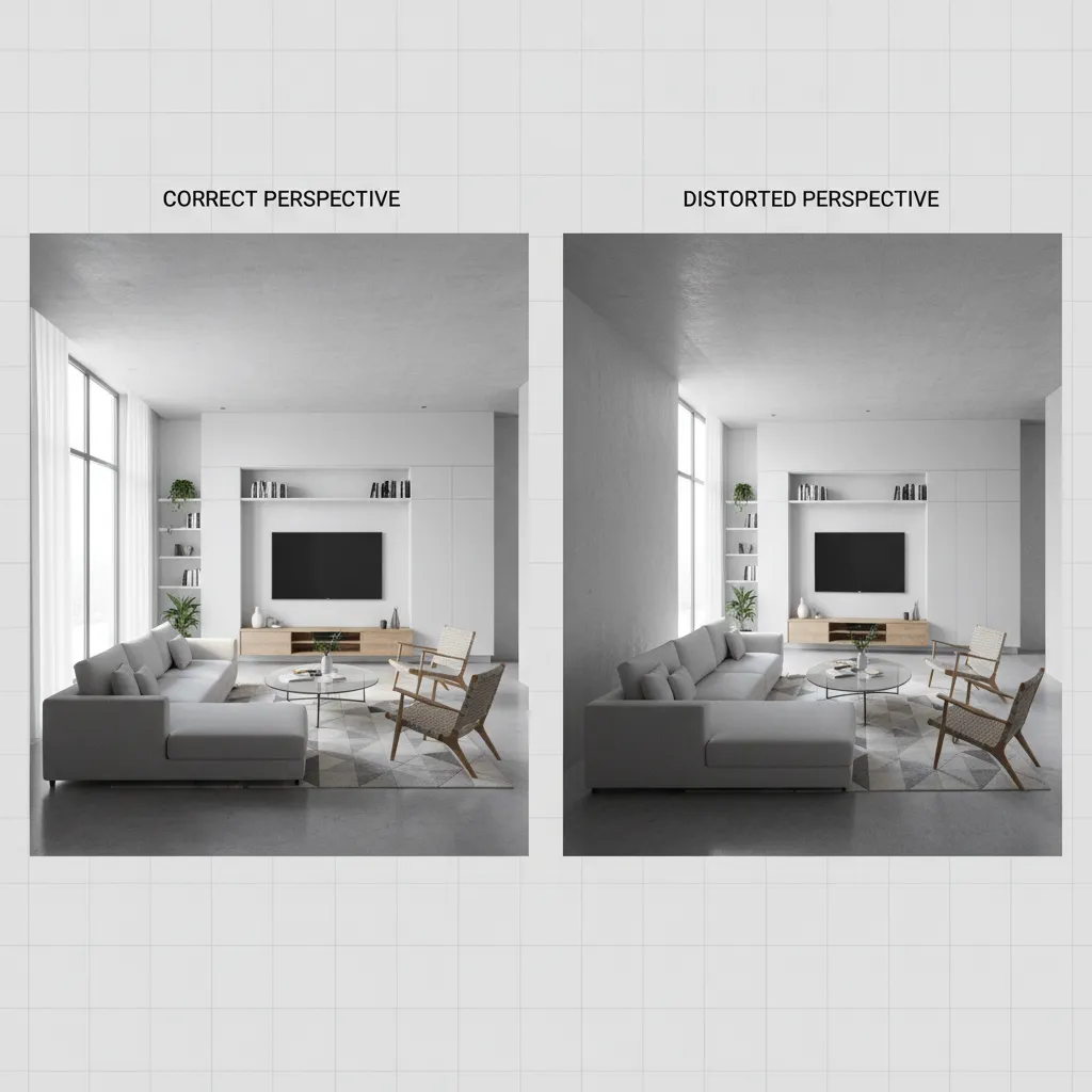 Comparación visual entre una perspectiva correcta y una distorsionada en interiorismo