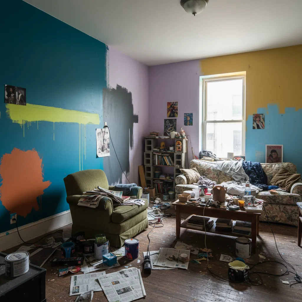Messy room with colorful half painted walls, cluttered furniture, paint cans, newspapers, and green chair