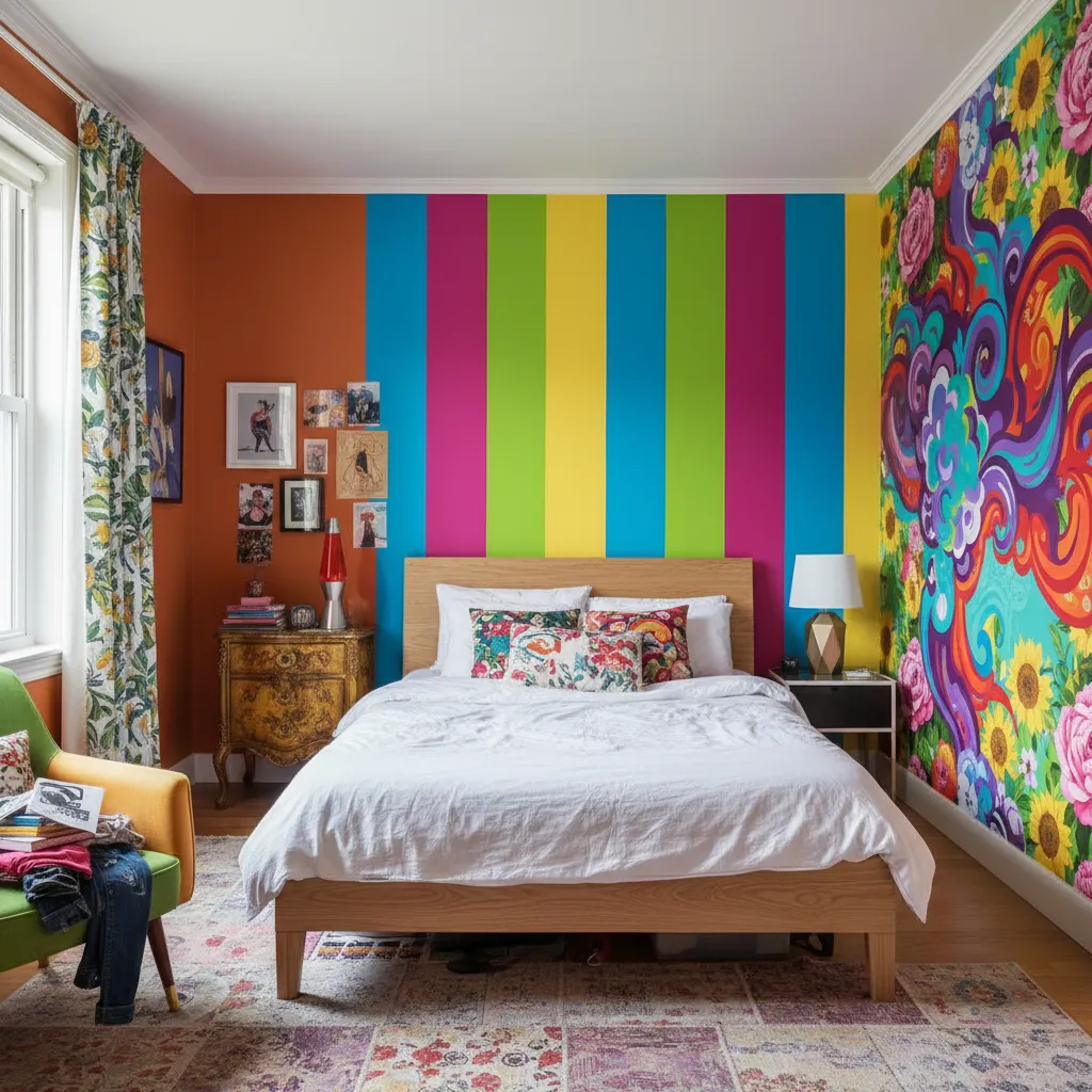 Colorful bedroom featuring striped wall paint, floral wallpaper, wooden bed, white duvet, and green armchair