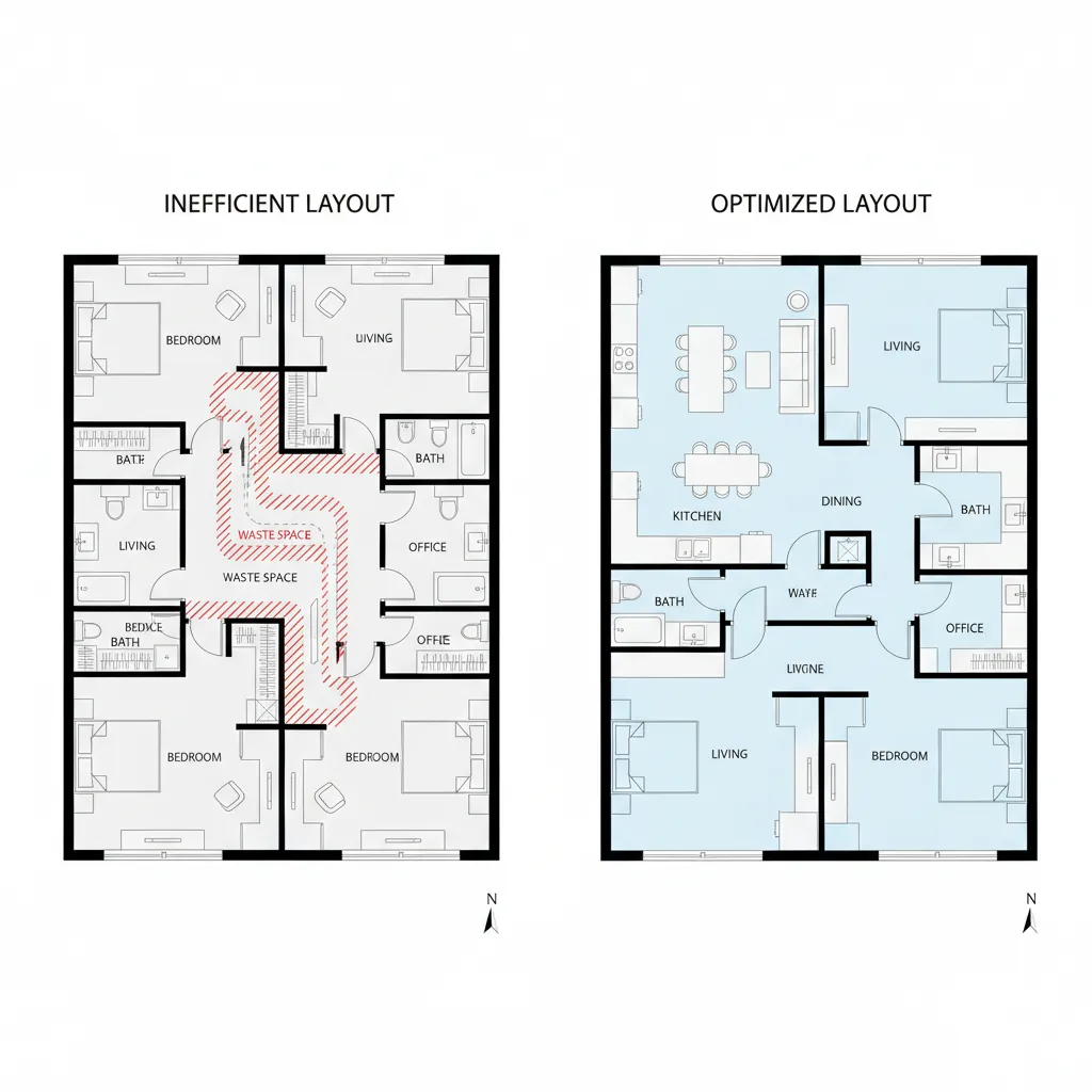 Comparación de plano con pasillo largo y plano optimizado