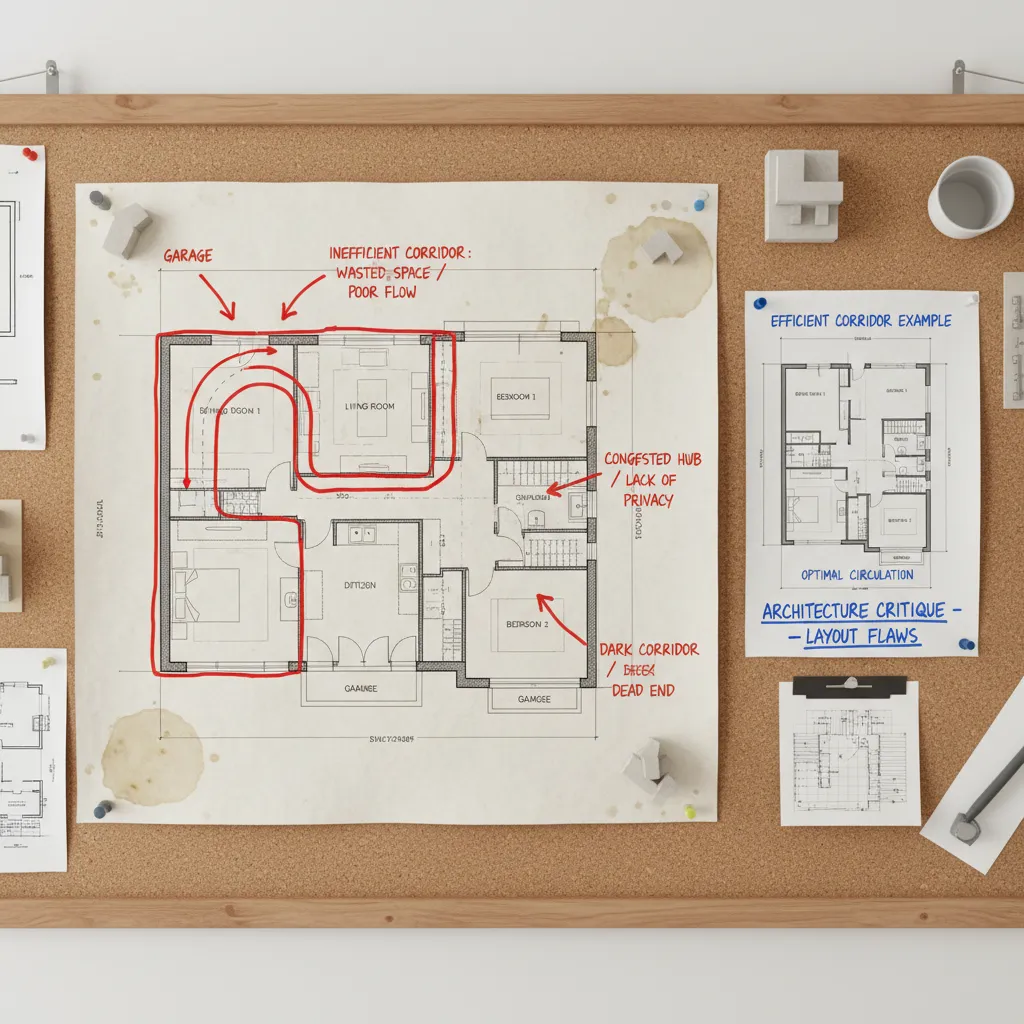 Plano de casa con errores comunes de distribución señalados