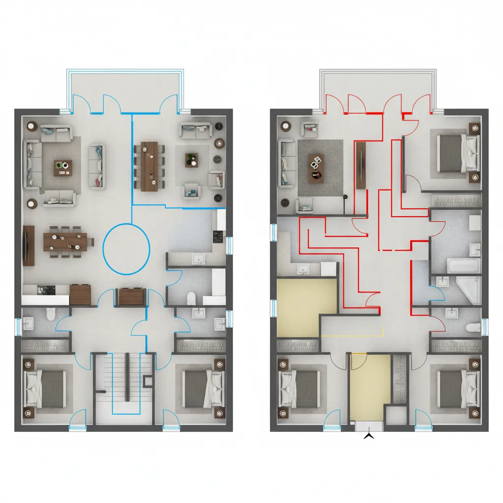Comparación de plano eficiente y plano con pasillos largos en casa de 100 m2