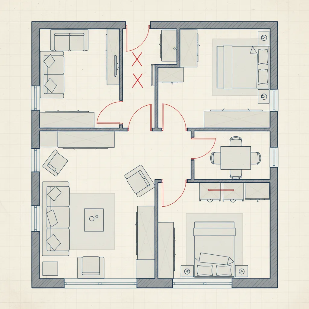 Plano de casa mostrando errores de distribución de puertas y muebles