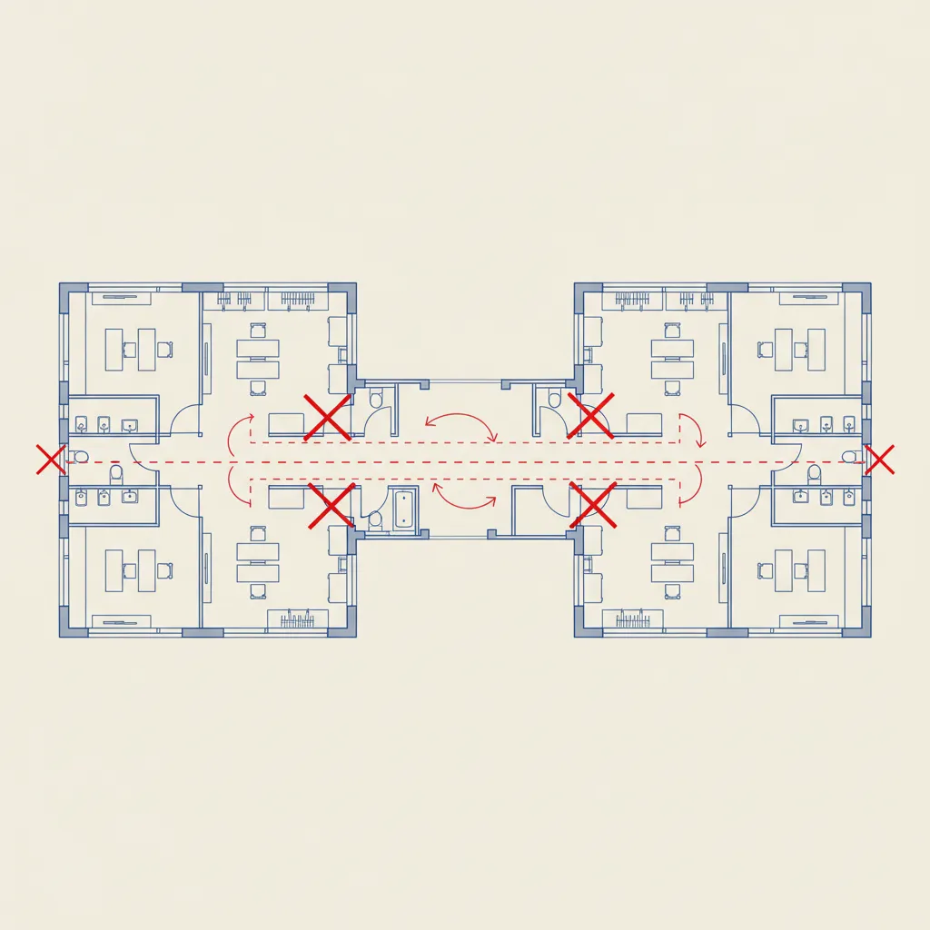 ejemplo de plano de casa con errores de circulación y puertas
