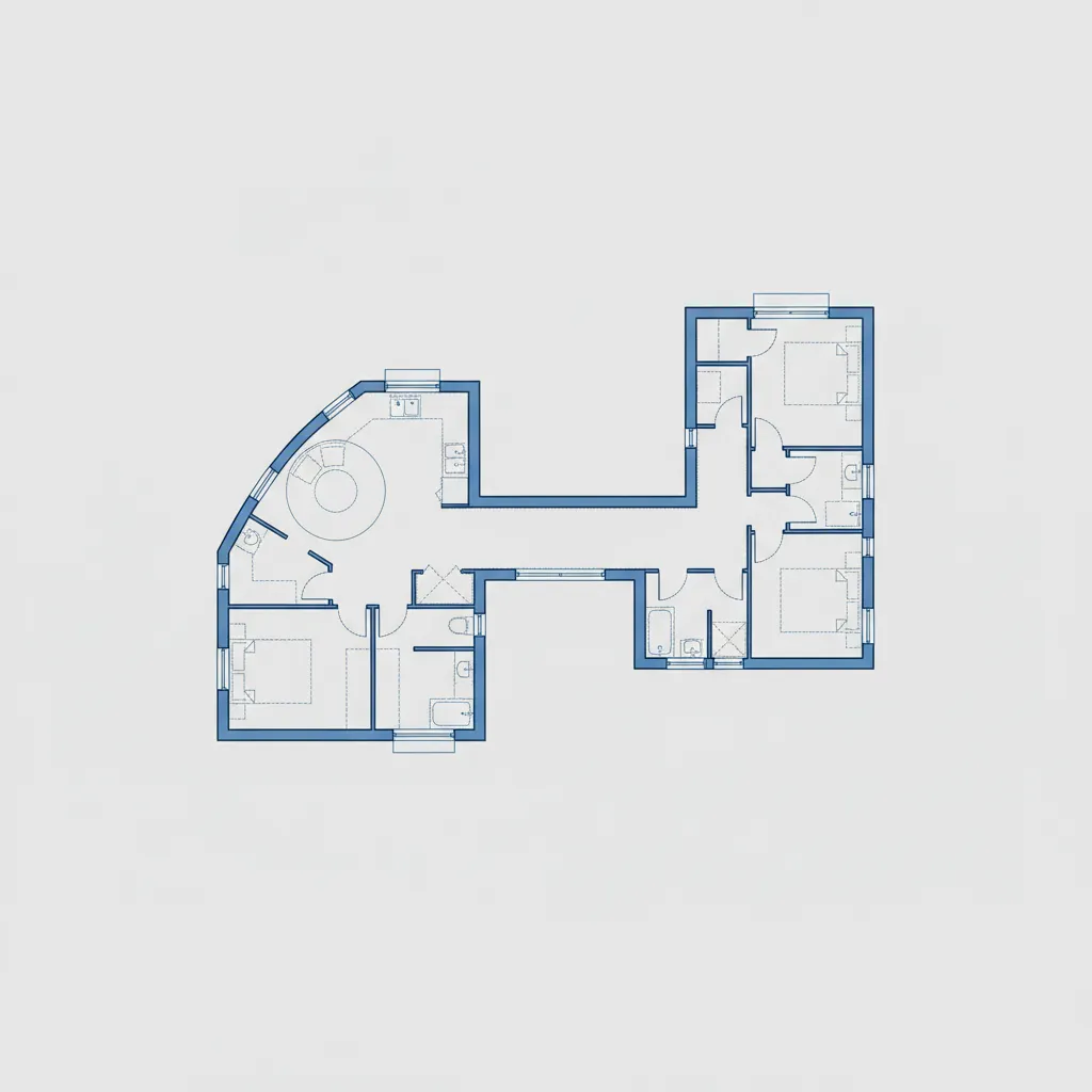 Plano de casa con pasillos largos y mala distribución