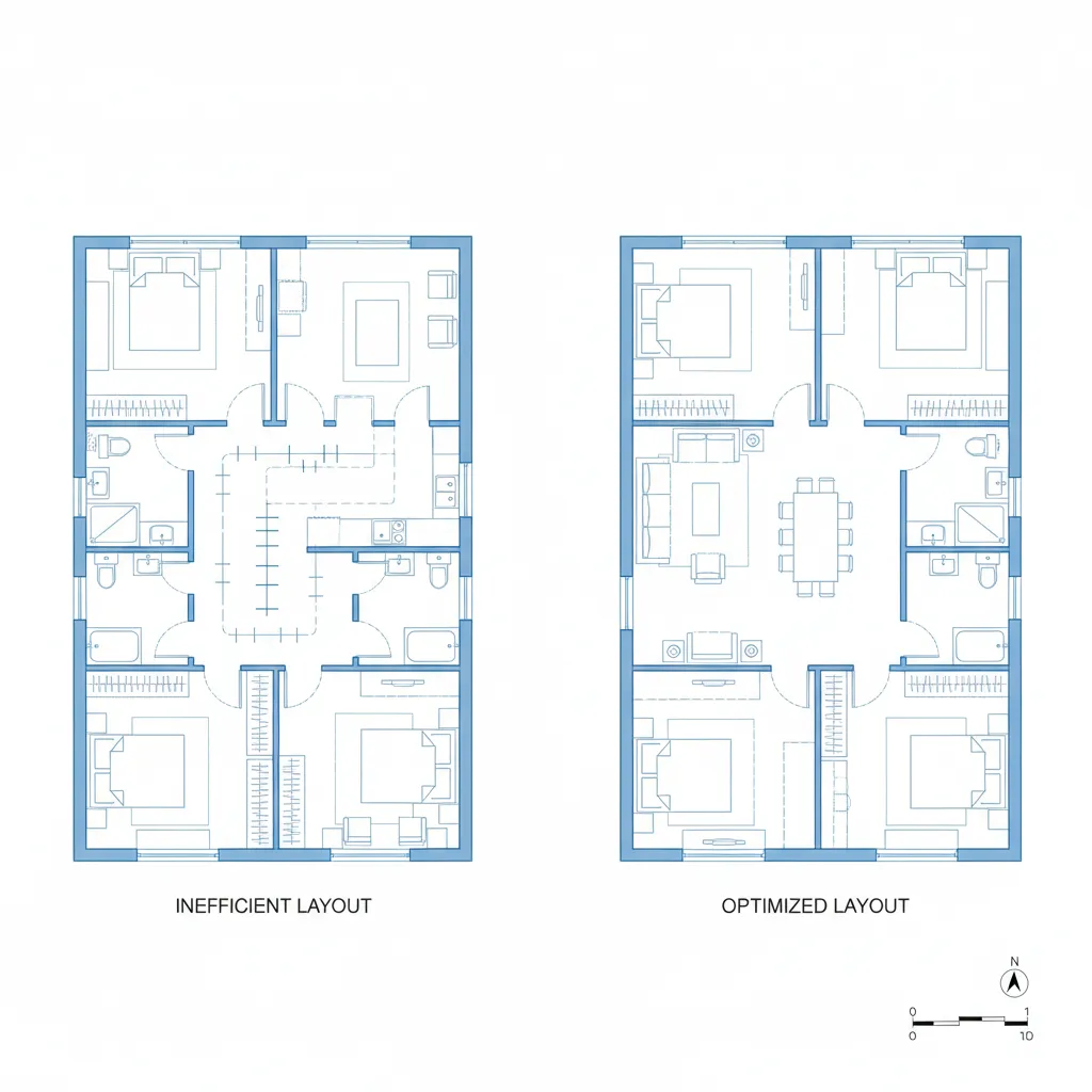 Plano de vivienda con pasillos largos y mala distribución
