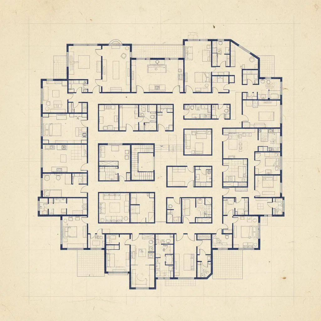 Vintage style blue line interior design drawing of a complex multi room building floor plan