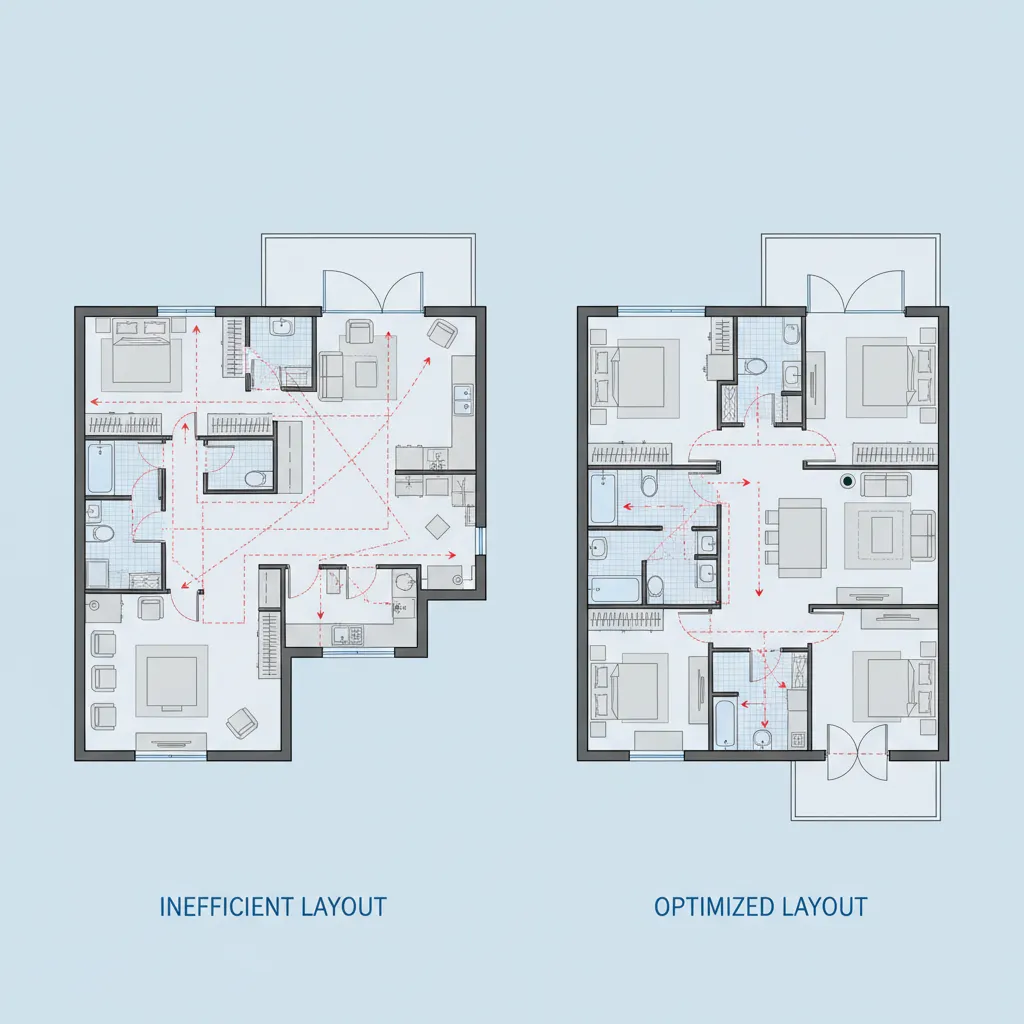 Comparación entre un plano de casa mal distribuido y uno optimizado