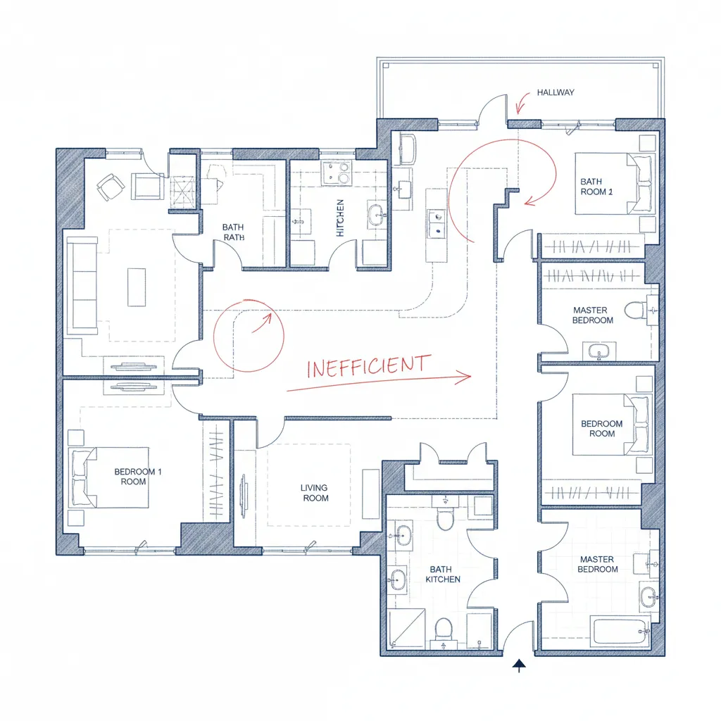 Plano de vivienda con distribución incorrecta y pasillos largos