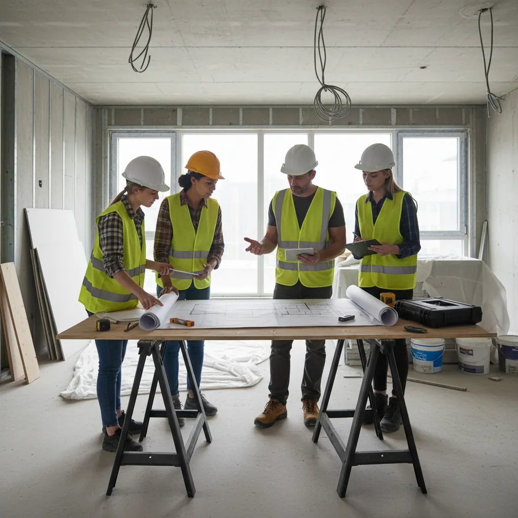 Equipo revisando planos de interiorismo en una obra de reforma