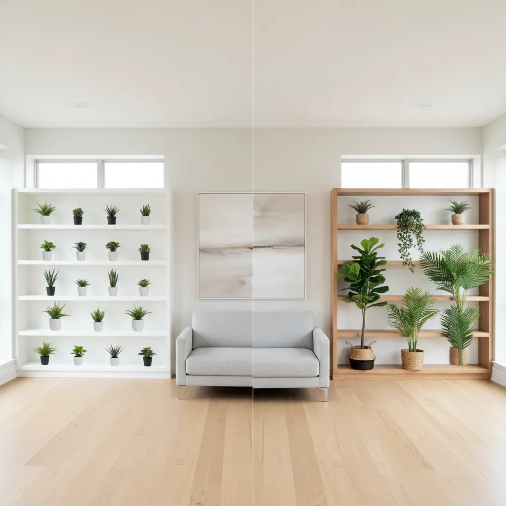 Decoración interior con plantas artificiales pequeñas mal colocadas