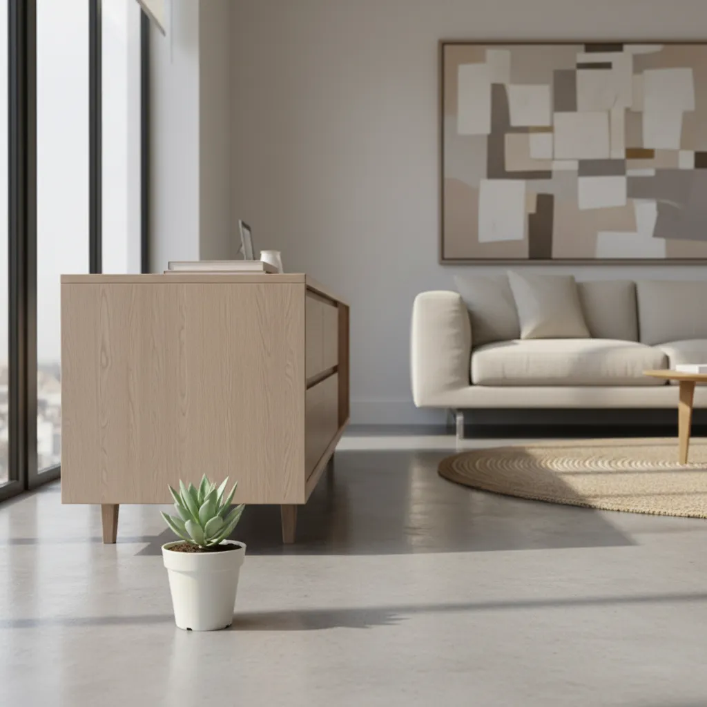 Small green plant in white pot on grey floor with wood cabinet and beige sofa