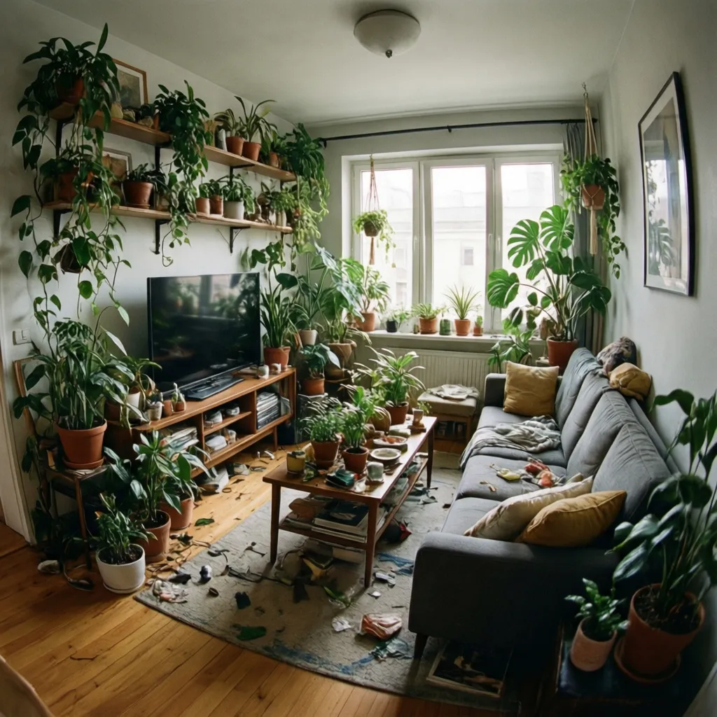 Small messy living room with many indoor plants on shelves tables floor and grey sofa
