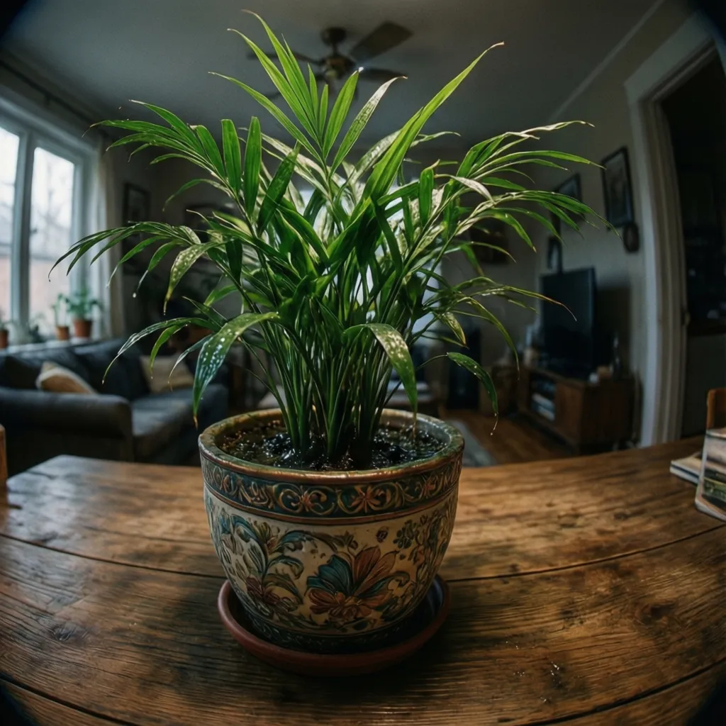 Planta de interior con exceso de agua en maceta sin drenaje