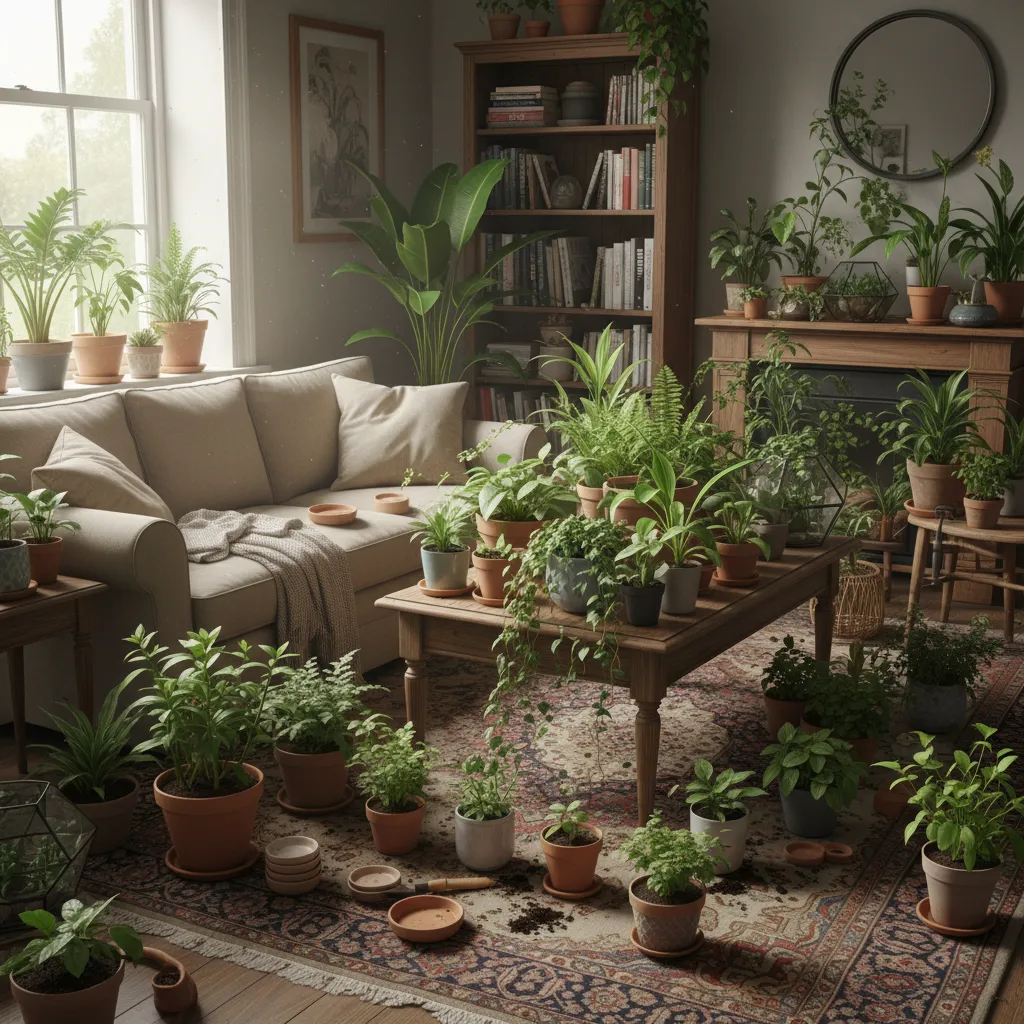Sala con demasiadas plantas pequeñas creando sensación de desorden