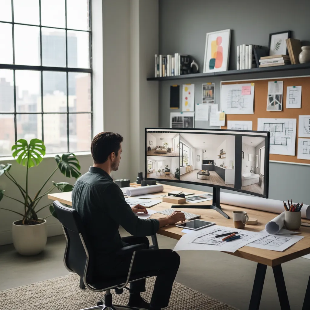 Designer at desk using wide monitor showing interior design drawing with paper floor plan sketches