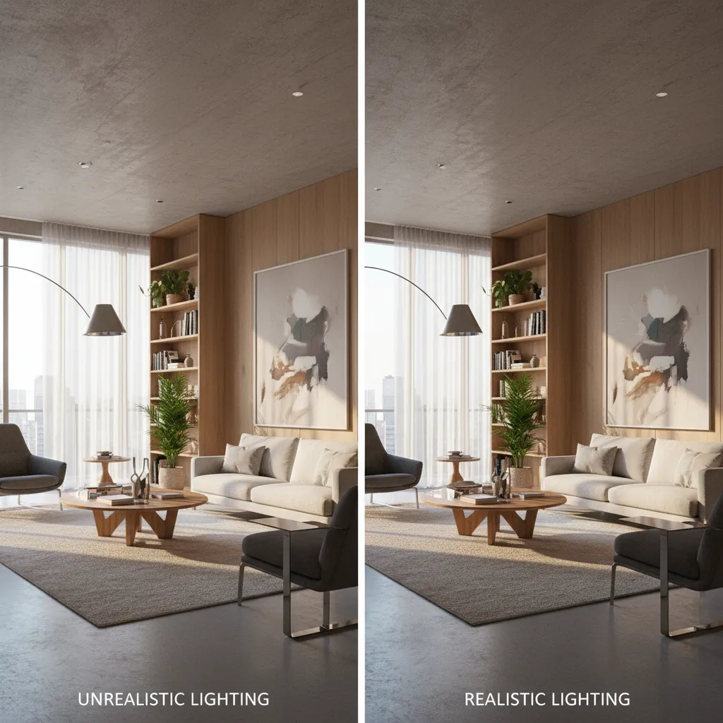 Render de interior con materiales y luz artificial poco realista