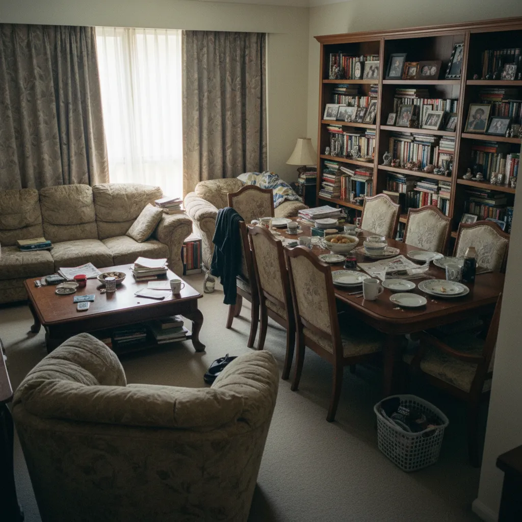 Messy living and dining room area with cluttered tables full bookshelves and old beige sofas